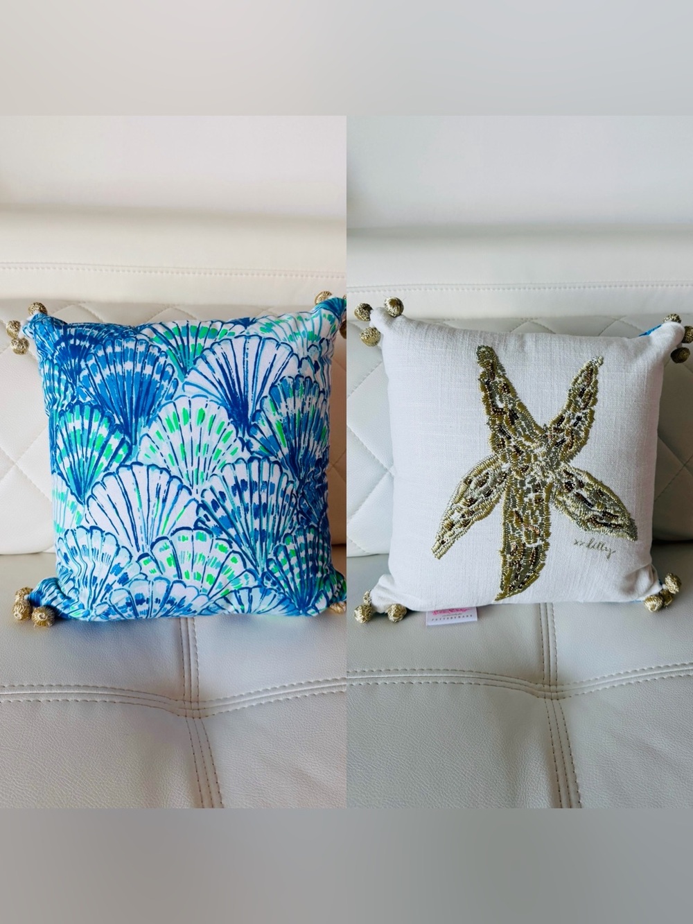 Lilly Pulitzer Seeing Stars Embroidered Gold Starfish Pillow reversible